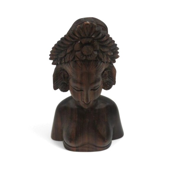 Female Wooden BUST Balinese Wooden With Floral Headdress from BALI 5" - Picture 3 of 10
